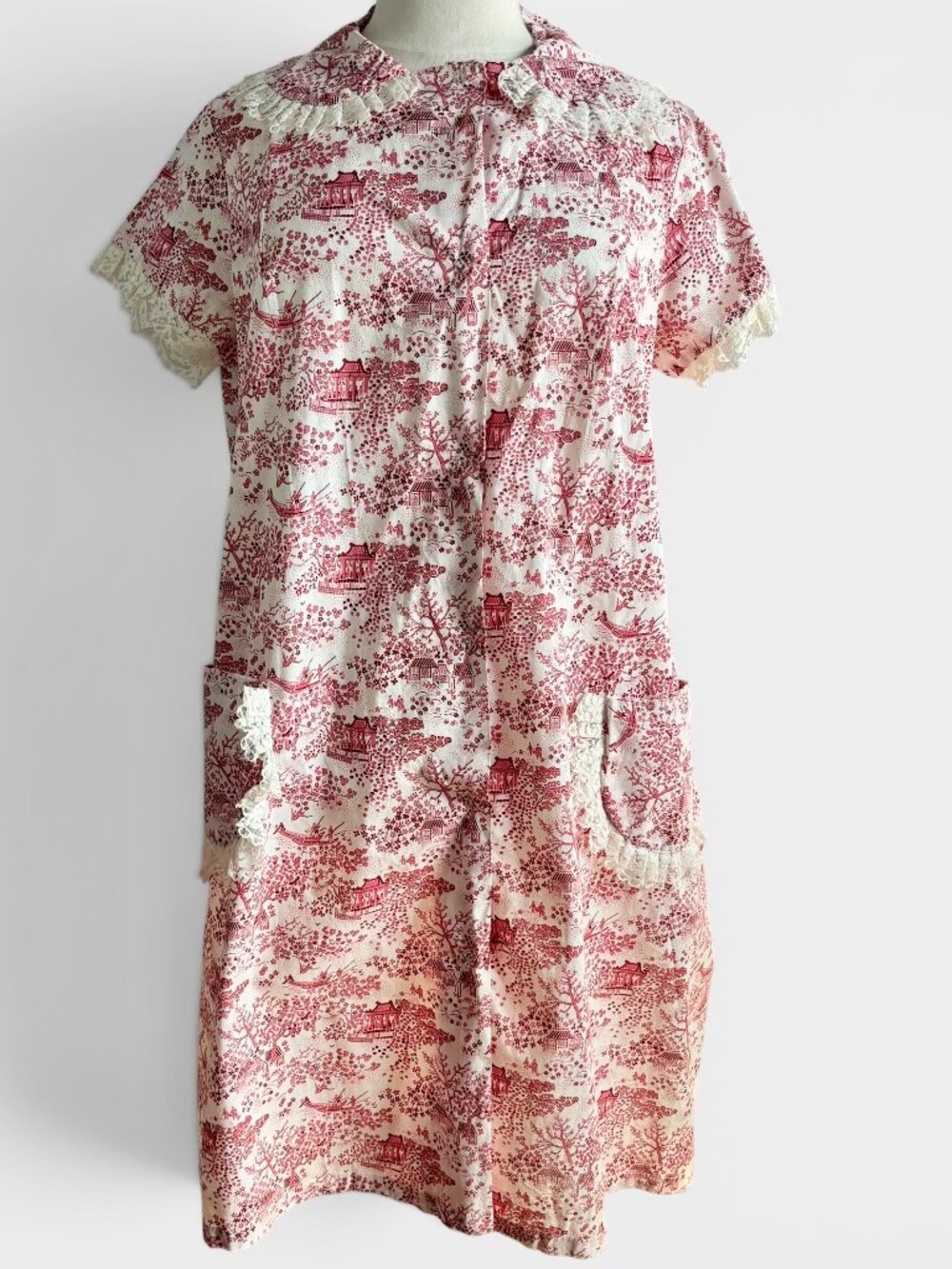 Vintage 1950s 1960s Pink Asian Print Cotton Handmade Housecoat L/XL